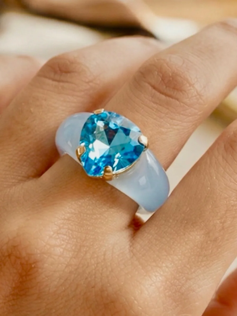 Blue Resin Statement Ring with Blue Crystal Accent